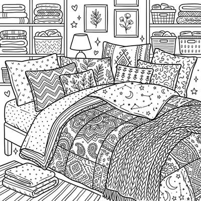 Immerse yourself in a beautifully detailed coloring page featuring a cozy teen bedroom filled with an array of stylish bedding and linens. Explore intricate patterns on pillows, duvets, and throws, perfect for expressing your unique style and creativity.