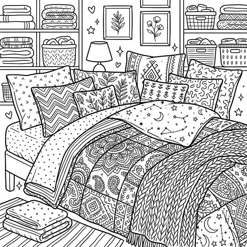 Immerse yourself in a beautifully detailed coloring page featuring a cozy teen bedroom filled with an array of stylish bedding and linens. Explore intricate patterns on pillows, duvets, and throws, perfect for expressing your unique style and creativity.