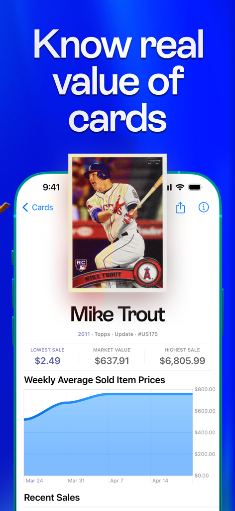 Cardstock: Sports Card Scanner - Cardstock app screen displaying market value trends and sales data for a Mike Trout baseball card