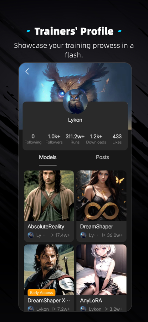Interface do aplicativo TensorArt exibindo um perfil de criador com estatísticas de modelos IA e uma galeria de modelos digitais hospedados
