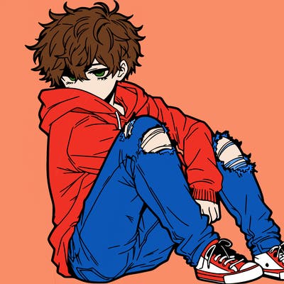 a male hoddie ripped jeans messy hair anime
