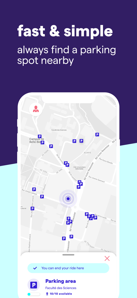 Map view in the Pony app showing available parking spots for bikes and scooters nearby