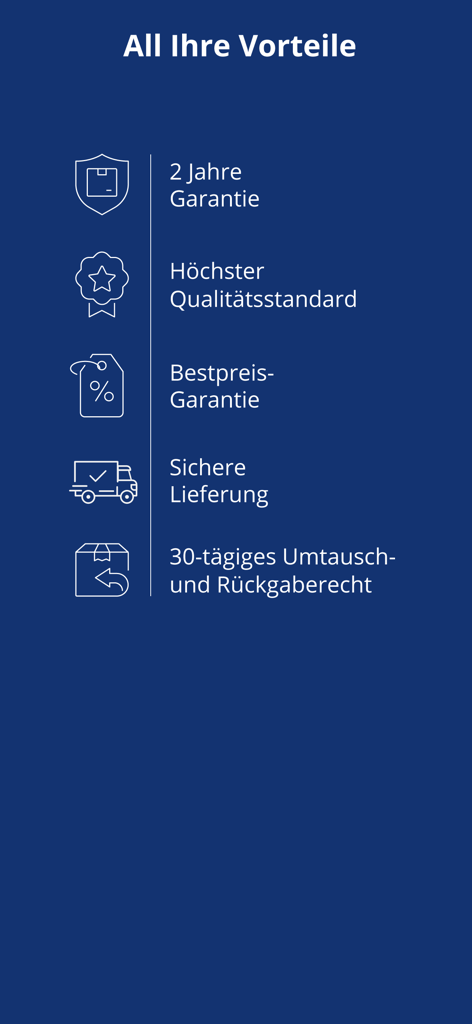 Personalshop Schweiz - Un elenco di vantaggi per i clienti di Personalshop Svizzera, tra cui una garanzia di 2 anni, standard di alta qualità, garanzia del miglior prezzo, consegna sicura e politica di reso di 30 giorni.
