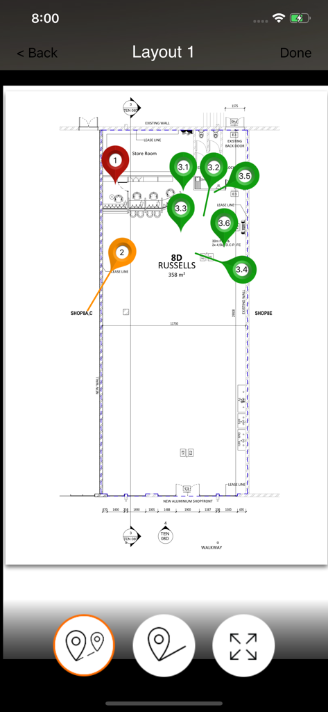 An architectural floor plan showing numbered color-coded pins for site inspection within the Snag-App interface.