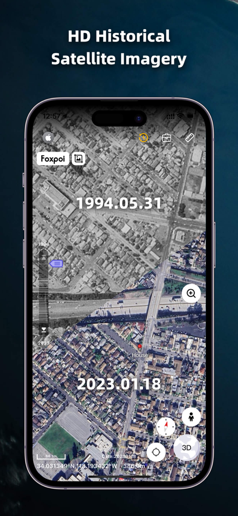 Earth Maps app displaying a side by side comparison of satellite imagery from 1994 and 2023