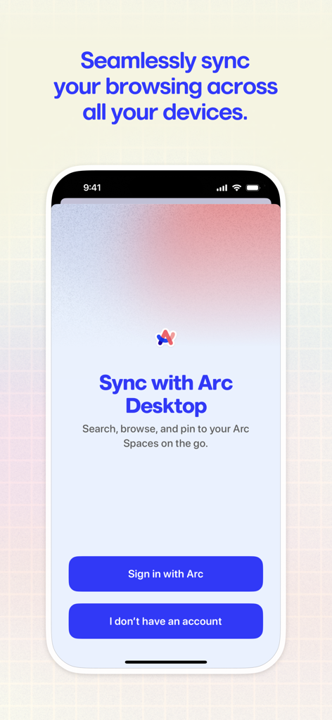Arc Search mobile app screen showing the option to sync with Arc Desktop across devices
