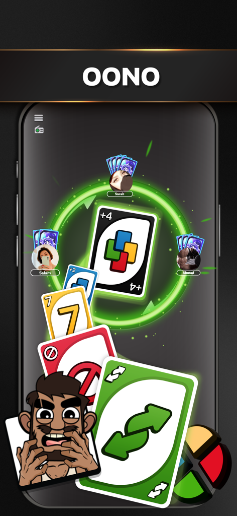 Jawaker: Games & Friends - A screenshot showing the OONO card game interface on the Jawaker app with multiplayer player avatars and colorful cards