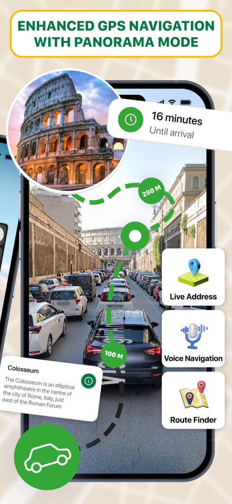 Interface do aplicativo Street View 360 mostrando navegação GPS aprimorada com modo panorama e ferramentas de busca de rota