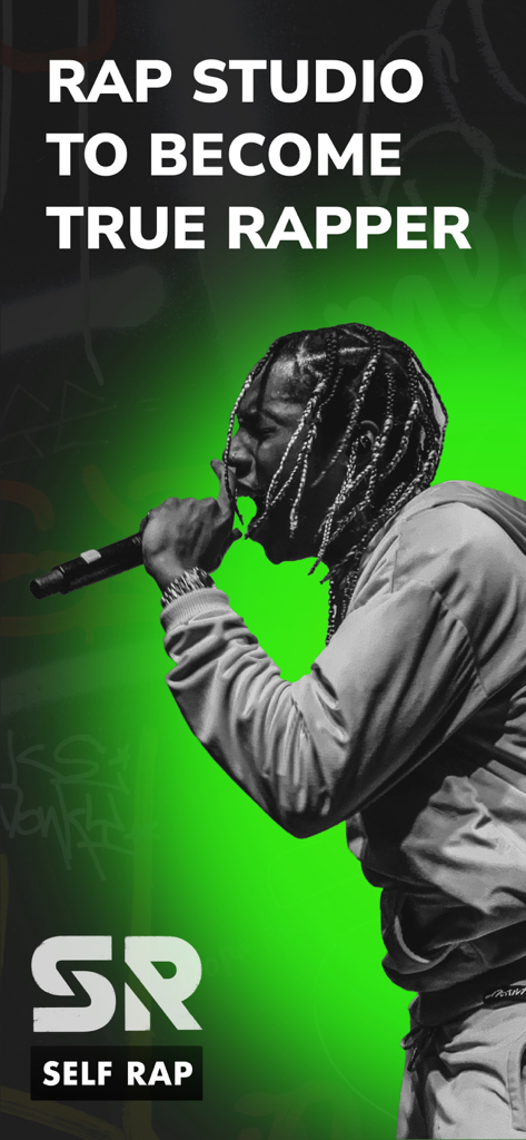 Self Rap - Fame Rapping Studio - A person rapping into a microphone with text reading Rap Studio to Become True Rapper and the Self Rap logo
