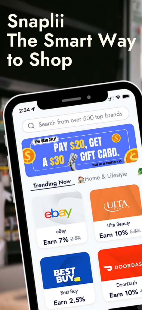 Snaplii: Smart Way to Shop - Snaplii mobile app interface showing gift card discounts and a new user promotion.
