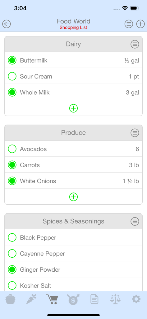 Salt & Pepper - Uma tela de lista de compras no aplicativo Salt and Pepper mostrando ingredientes como leite e abacates organizados por categorias com quantidades