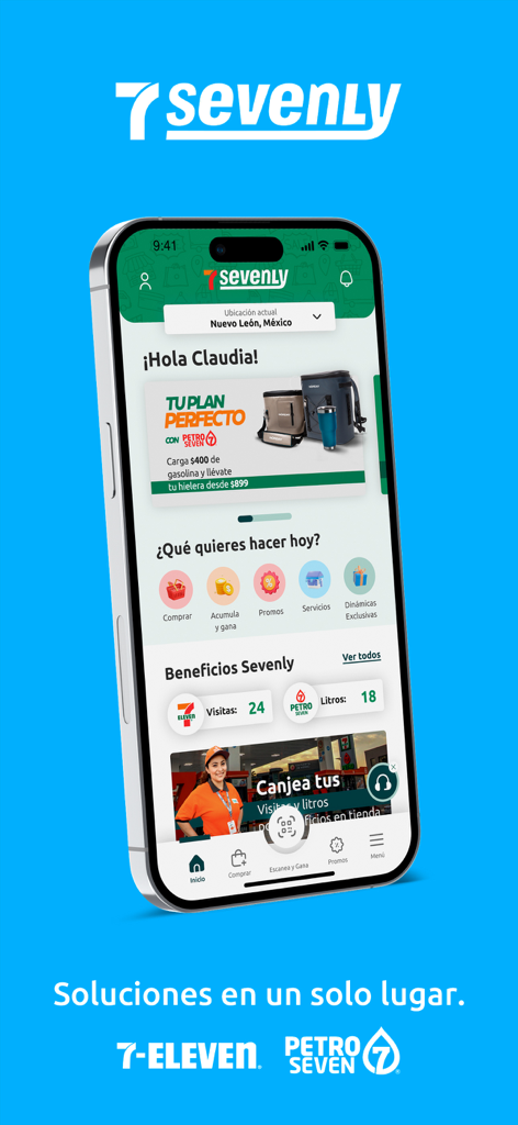 Sevenly app dashboard displaying user rewards fuel liters and 7-Eleven promotions