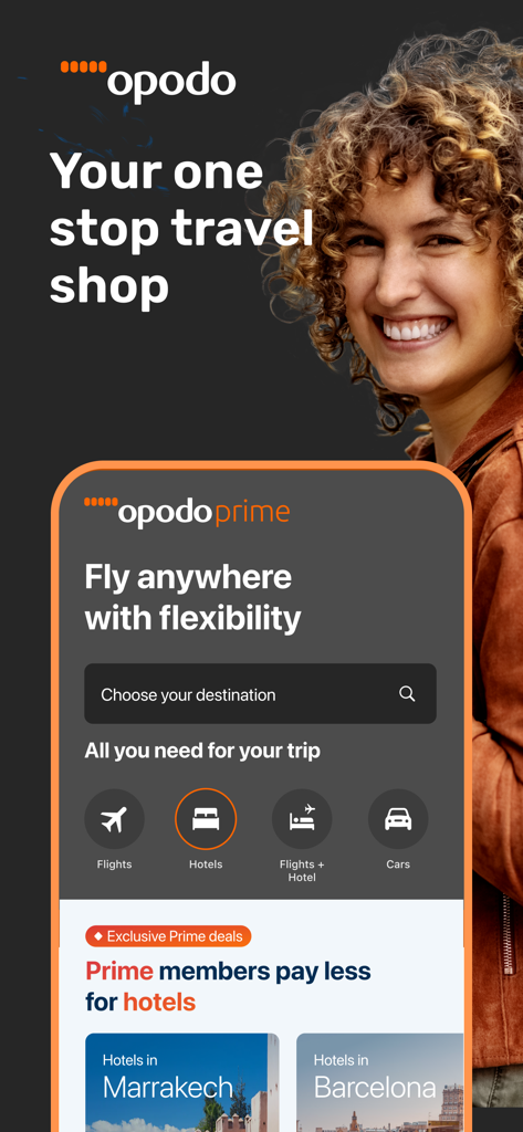 Opodo: Flights, hotels, cars - Interfaz de la aplicación móvil Opodo que muestra opciones de reserva de vuelos, hoteles y alquiler de coches