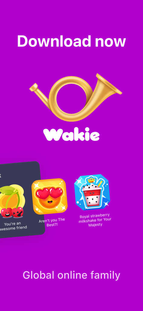 Wakie App-Oberfläche mit dem Slogan Global online family und bunten Social-Reaction-Icons auf lila Hintergrund.