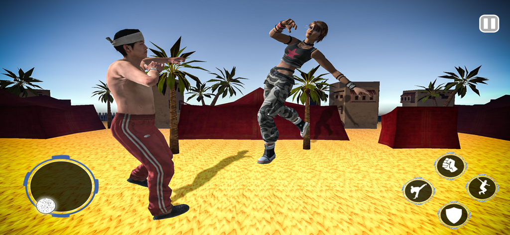 Street Kung FU Fighter Game 3D - Gameplay screenshot of Street Kung Fu Fighter 3D featuring a martial arts match between a male and female fighter in a desert environment