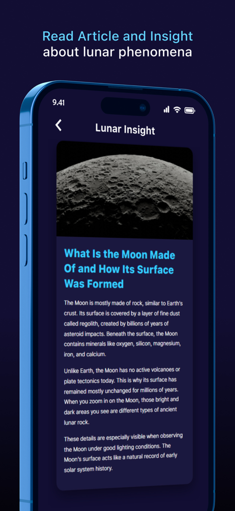 Moon Zoom Pro: Camera 100x - Una pantalla de smartphone que muestra un artículo educativo sobre la superficie de la luna y su composición en la aplicación Moon Zoom Pro.