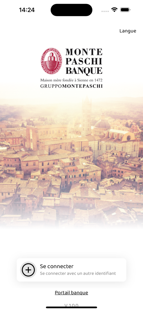 Webline - Écran de connexion de l'application Webline avec le logo Monte Paschi Banque et une vue aérienne sépia de Sienne