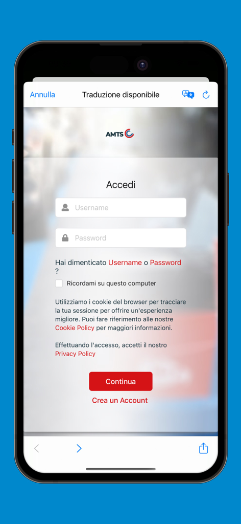 AMTS Smart Ticketing - Interfaz de inicio de sesión de la aplicación móvil AMTS Smart Ticketing.