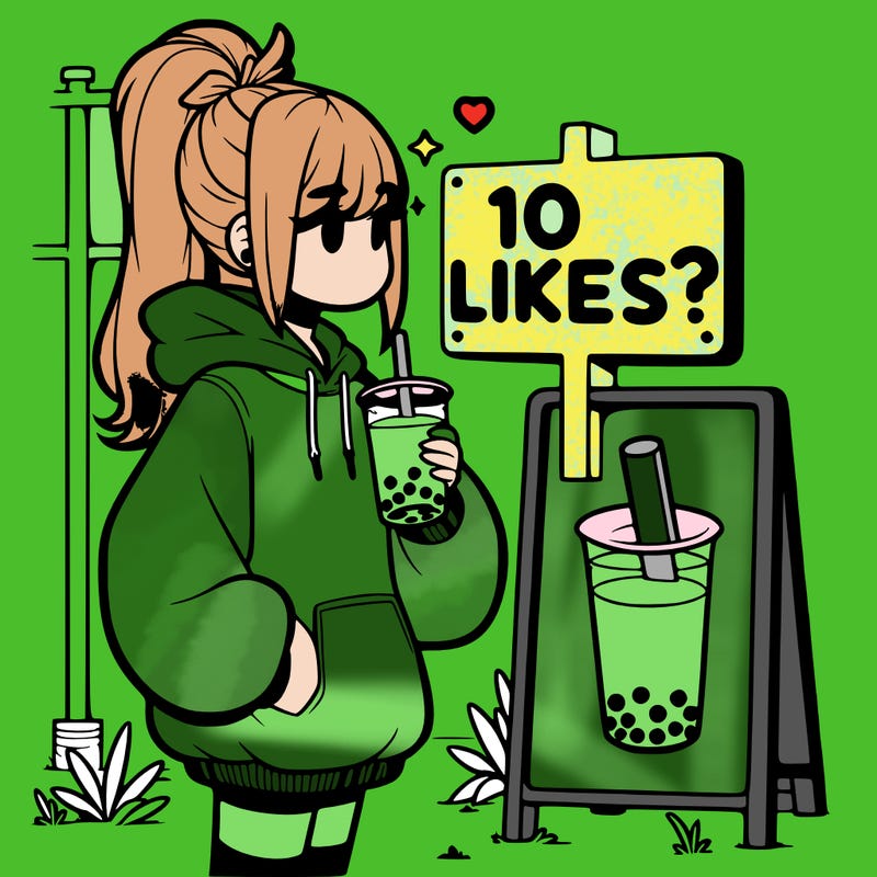 girl with oversized hoodie drinking boba and she has a high ponytail with a sign that says 10likes?