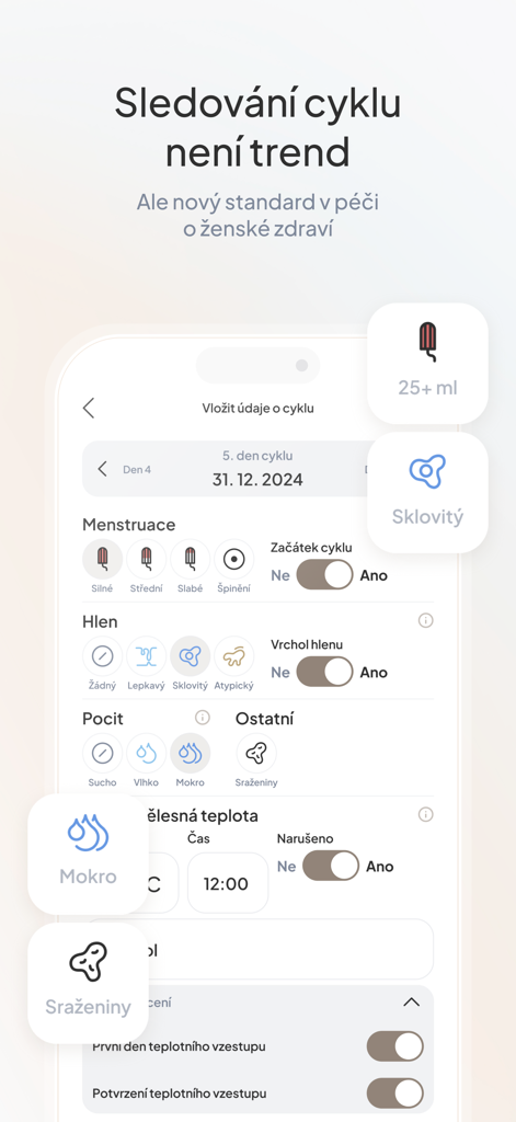Ocycle ovulation & cycle app - Symptom tracking screen in Ocycle app showing categories for menstruation, cervical mucus, sensations, and body temperature.