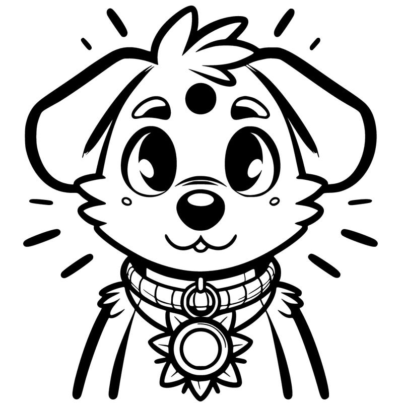 a anthropomorphic dog with a spot on his eye and a sun necklace