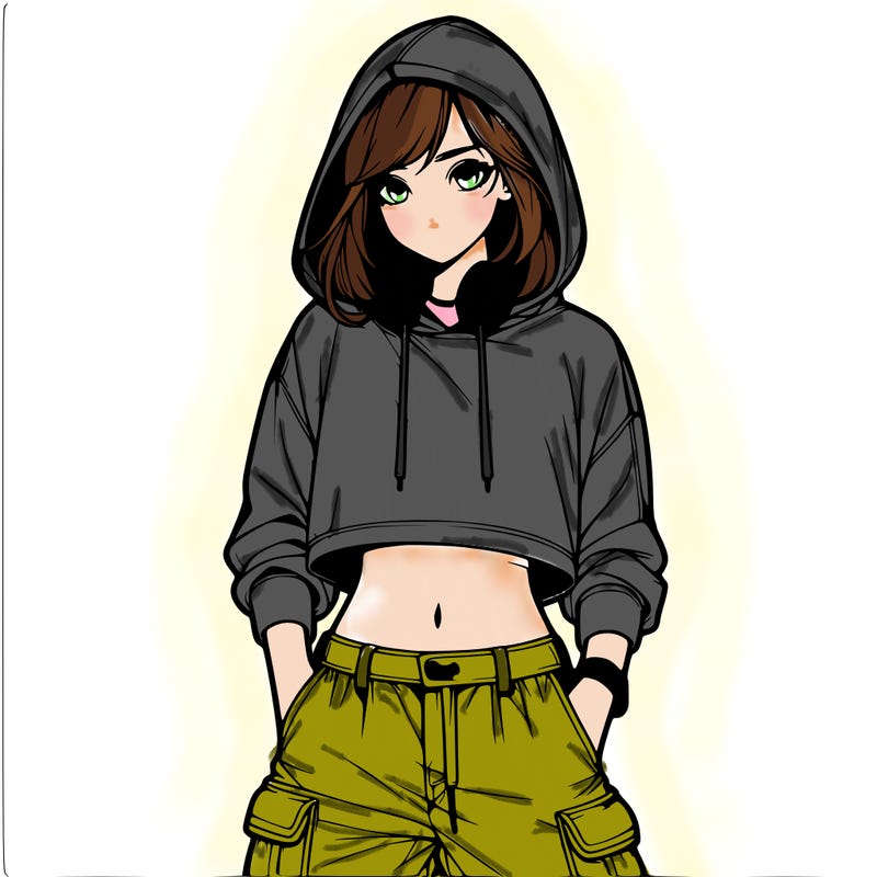 a realistic girl with a cropped hoodie and some cargo pants