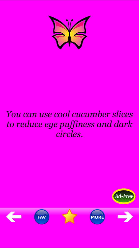 Un consejo de belleza en una pantalla rosa brillante que sugiere rodajas de pepino para la hinchazón de ojos y ojeras.