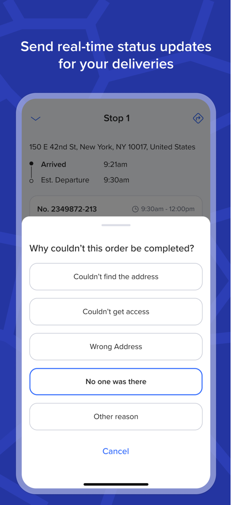 Routific - Routific mobile app interface showing a menu to select reasons for an incomplete delivery attempt.