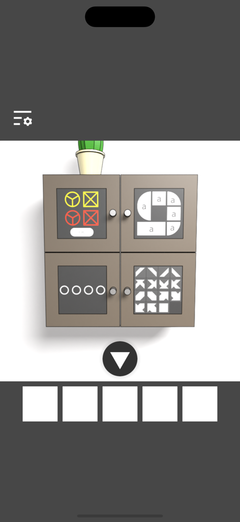 Cuatro gabinetes grises con diferentes puzles de lógica basados en símbolos y figuras geométricas en el juego móvil Escape de la Sala de Pintura.