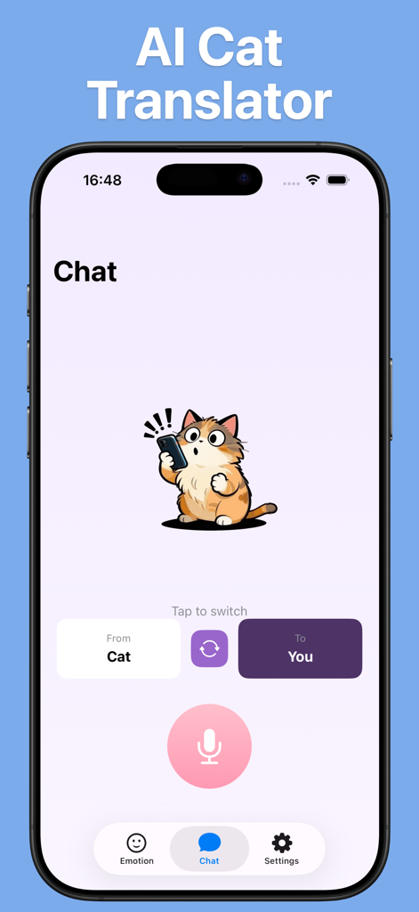 만화 고양이 일러스트와 함께 AI 고양이 번역기 인터페이스를 보여주는 Meowly 앱 채팅 화면