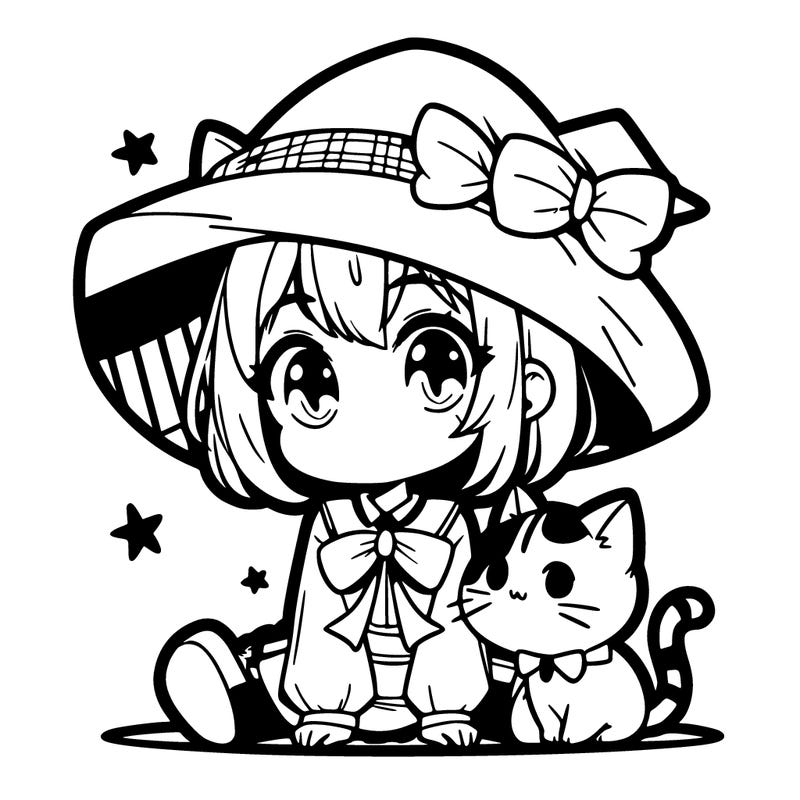 cute anime witch with a cute cat