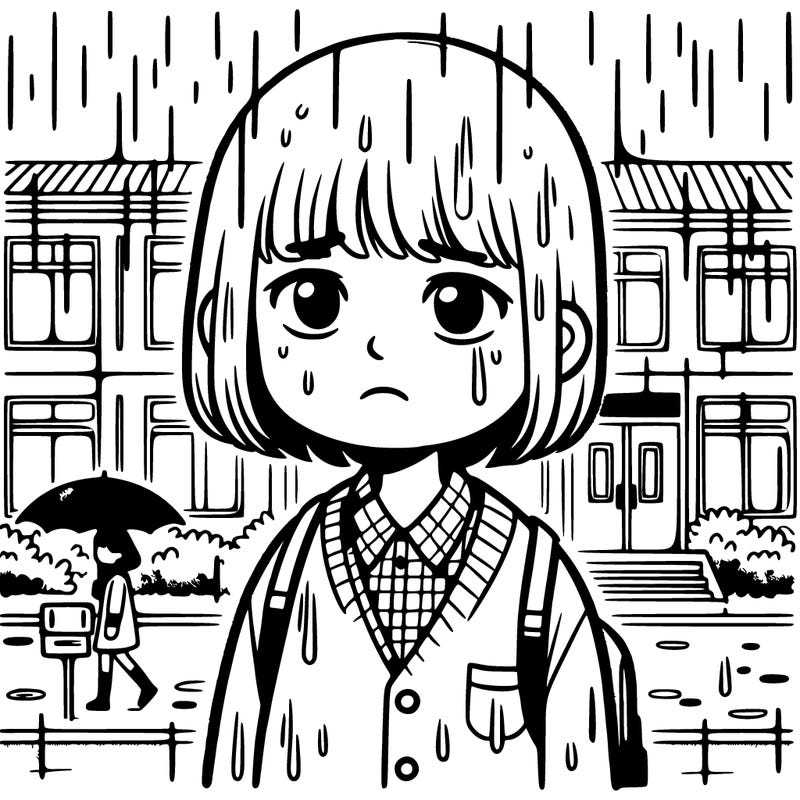 sad  11 year old girl in rain at in frount of a school