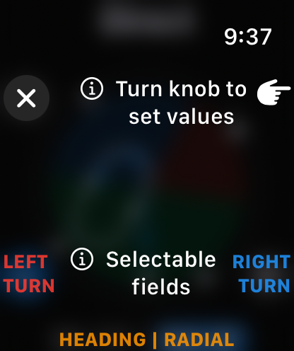 Instructions screen for the Hold Entry Calculator app on Apple Watch showing how to set values using the digital crown.