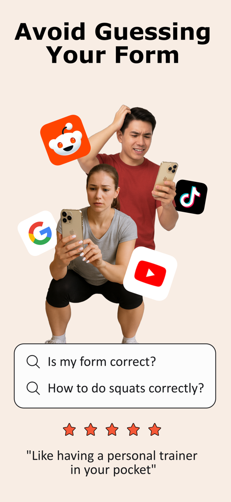 エクササイズフォームのアドバイスを求めるユーザー、テキスト「フォームの推測はやめましょう」付き