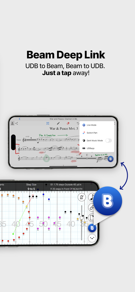 UDBapp Pro - UDBapp Pro screenshot showing the Beam deep link feature connecting marching band drill to sheet music