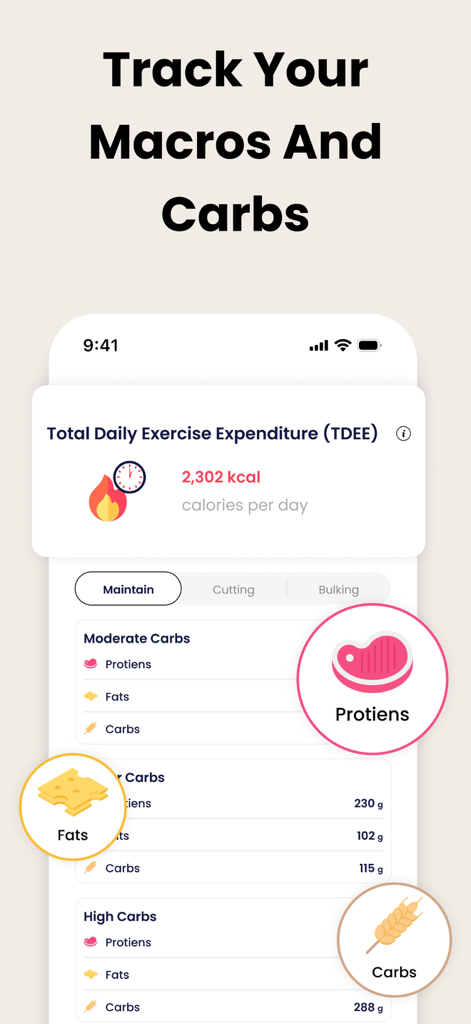 TDEE Calculator - Total Energy - App interface displaying daily calorie burn and macronutrient targets for proteins fats and carbs