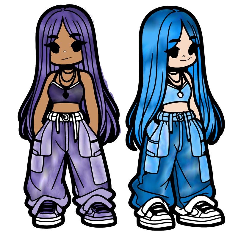 girl in baggy pants crop top and long hair