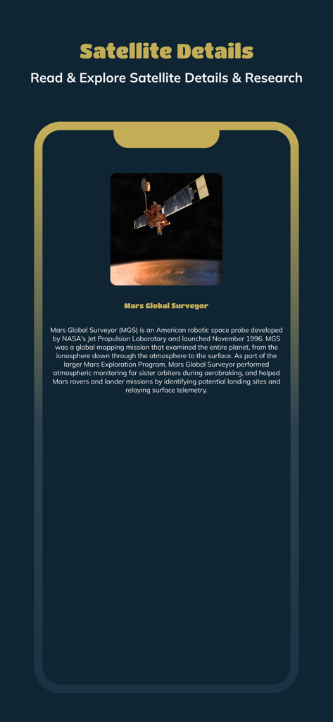 Skyview : Explore Universe - Satellite details page in Skyview app featuring the Mars Global Surveyor with educational text and imagery.