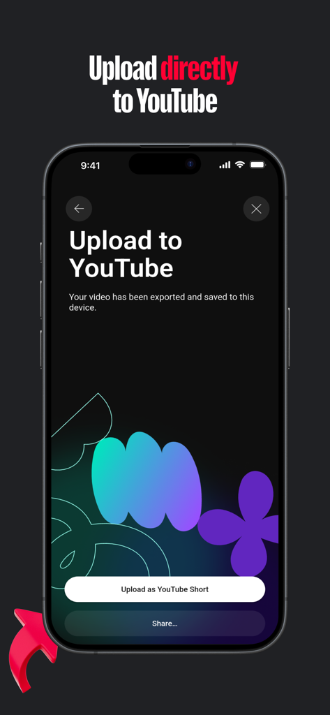 Écran de smartphone montrant l'interface de l'application YouTube Create avec l'option de télécharger une vidéo directement sur YouTube sous forme de Short.