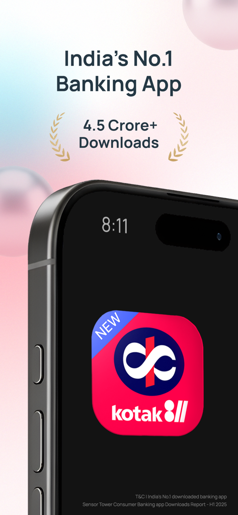 Kotak 811 banking app promotional image showing high download numbers and ranking