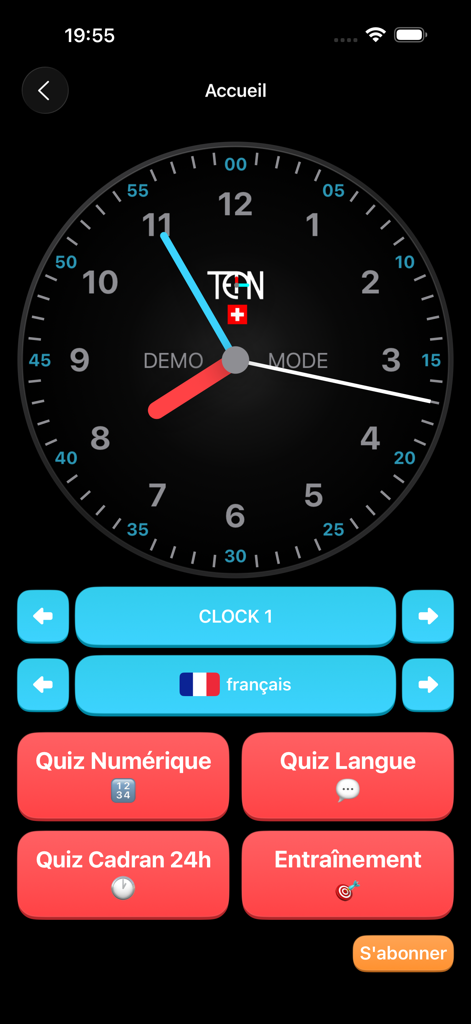 TEAN - Learning Clock - TEAN学習時計アプリのメインメニュー。アナログ時計の文字盤と、さまざまな時間読み取りクイズモードのボタンが表示されています。