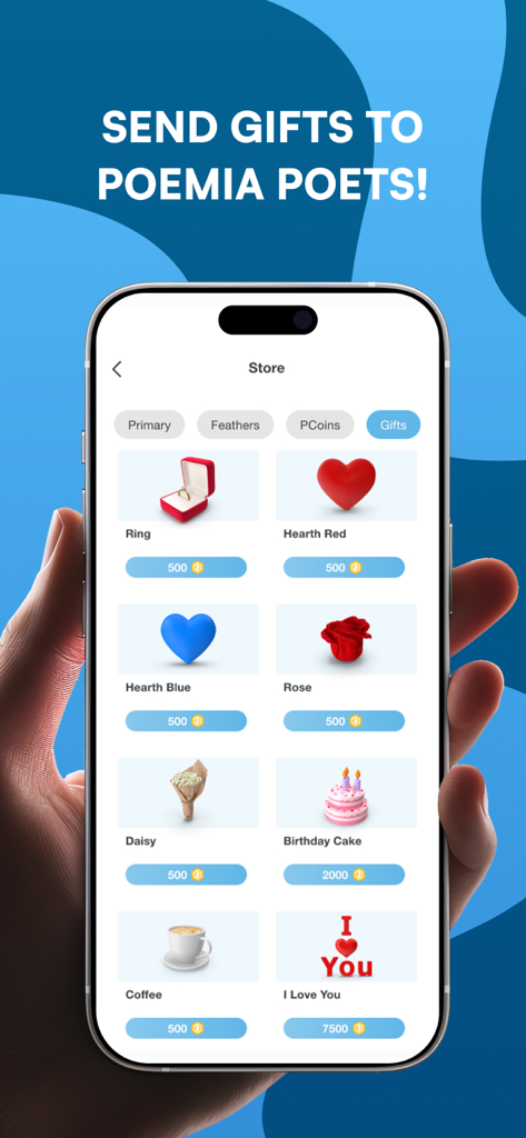 A smartphone screen displaying the Poemia app virtual gift store with digital items like hearts and rings for supporting poets