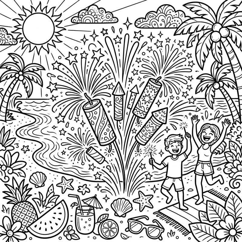 Dive into a world of vibrant explosions and sunny celebrations with this lively firecracker and summer beach scene coloring page. Perfect for capturing the joyful spirit of warm weather festivities and creative expression.
