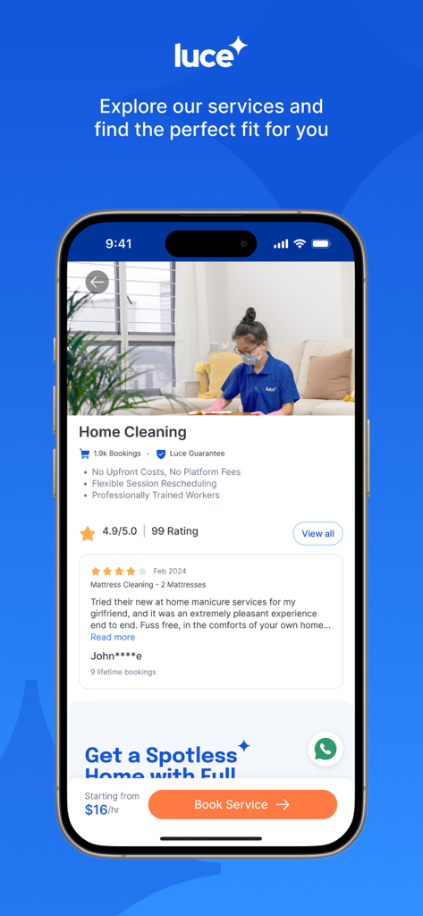Luce App - Mobile screen of the Luce app showing home cleaning service details, user reviews, and a book service button.