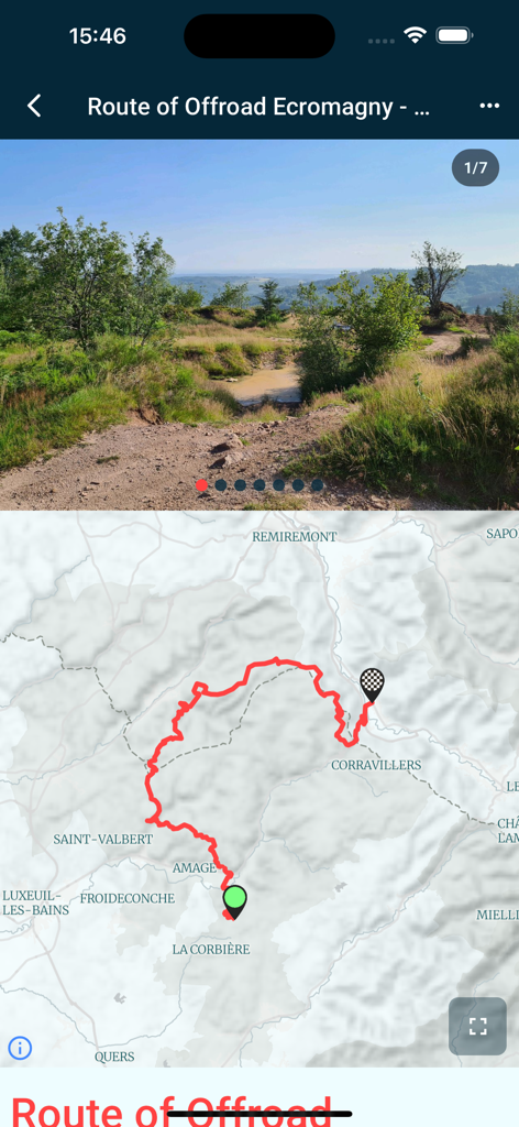 Seekers - Off-Road Navigation - Interfaccia dell'app Seekers che mostra una foto paesaggistica di un sentiero sterrato e una mappa con un percorso rosso off-road segnato.