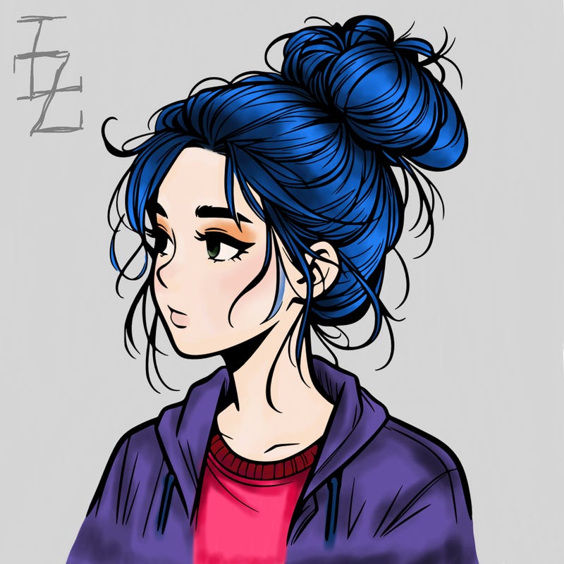 realistic teenage girl with a messy bun