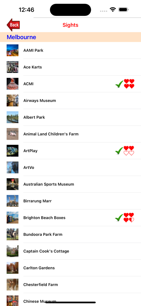 Eine Liste beliebter Touristenattraktionen und Wahrzeichen in Melbourne, die in der Reise-App angezeigt werden.
