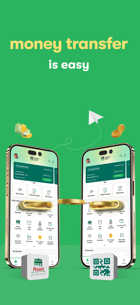 easypaisa digital bank app screen showing money transfer and mobile payment features