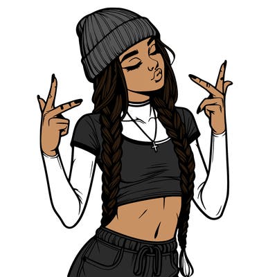 realistic teenage girl with braids and a beanie and crop top doing 🫶🏼