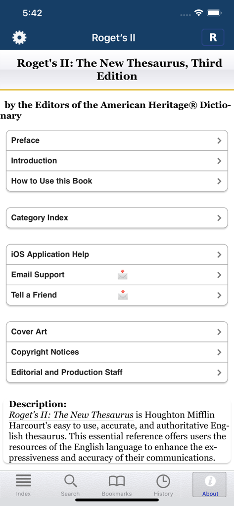 Roget's II: New Thesaurus - Main menu of Roget's II New Thesaurus app featuring resource links and description.